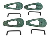 six pieces of green patished metal on a white background
