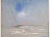 une peinture à l'huile représentant un ciel bleu au-dessus d'un plan d'eau