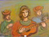 tableau représentant une femme jouant de la guitare en compagnie de trois autres femmes