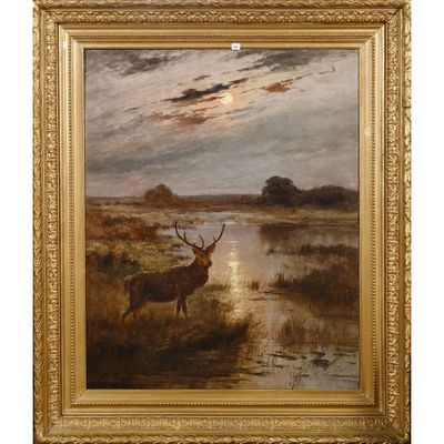 un tableau représentant un cerf debout dans un champ près d'un plan d'eau
