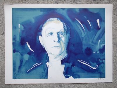 painting of a man in a suit and tie with a blue background