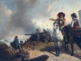 a painting of a man on a horse pointing at another man on a horse