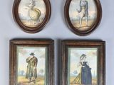 three framed paintings of women in period clothing hang on a wall