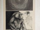 drawing of a monkey sitting on the ground with a kite in the background