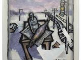 un tableau représentant un homme assis sur un banc avec une guitare
