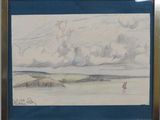 drawing of a sailboat on the water with a cloudy sky