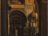 an oil painting of a church with arches and a bell tower