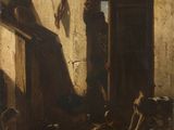 une image représentant un tableau où l'on voit un homme debout dans l'embrasure de la porte d'un immeuble