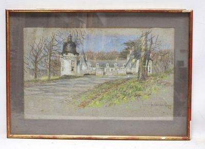 painting of a country road with a white house in the background