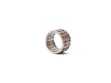 a close up of a silver ring on a white background