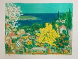 painting of a view of the sea from a balcony in a house