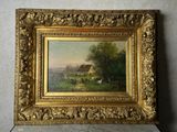 un vieux tableau représentant une scène de vie à la ferme avec des vaches dans un pâturage