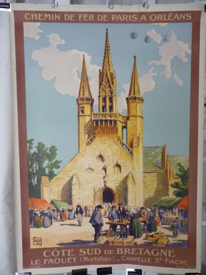 une grande affiche représentant une église avec des personnes debout devant