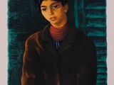 painting of a woman in a brown coat and a red scarf