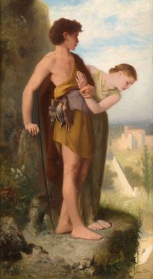 une image d'un tableau représentant une femme tenant un enfant dans ses bras