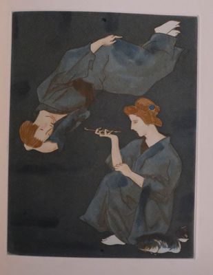 a picture of a painting of two women sitting on the ground