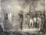 an old picture of a man standing in front of a crowd of people
