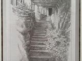 pencil drawing of a stairway leading up to a house