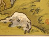 a painting of a sheep laying down in the grass
