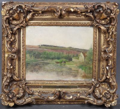 un tableau représentant un paysage avec une rivière au premier plan et un pont au loin