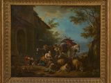 tableau représentant un groupe de personnes et d'animaux dans un décor boisé