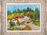 an oil painting of a house on a hill with trees in the background