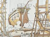 a drawing of a ship in the water with people on it