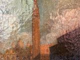a painting of a clock tower in the middle of a city