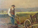 an oil painting of a man plowing a field with a horse drawn carriage