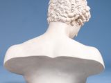 a close up of a white bust of a man on a blue background
