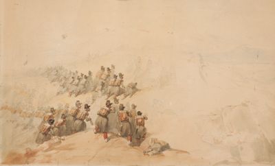 a drawing of a group of people on a hill
