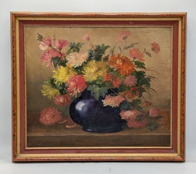 peinture représentant un vase de fleurs posé sur une table, sur fond doré
