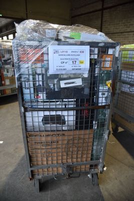 a cart with a lot of items in it in a warehouse