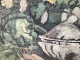 a painting of a bowl of fruit and flowers on a table