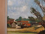 an oil painting of a farm scene with a tree in the foreground