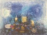 a painting of a cityscape with a full moon in the background