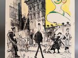 dessin représentant un homme et une femme marchant dans une rue, avec une tour horloge en arrière-plan