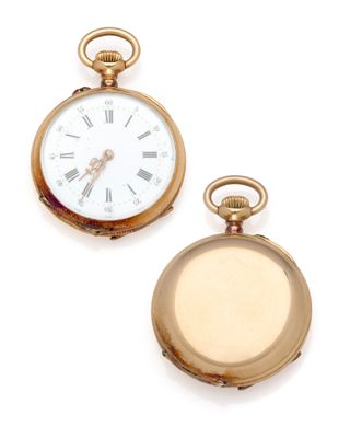 two gold pocket watches with roman numerals and roman numerals