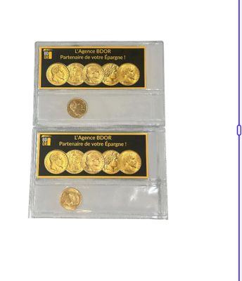 two gold coins are in a clear plastic case on a white background