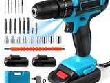 a blue cordless drillet with tools on a white background