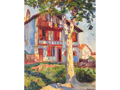 an image of a painting of a house with a tree in front of it