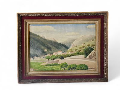 an oil painting of a landscape with mountains in the background