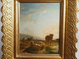 an oil painting of a cow in a field with sheep in the background
