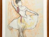 drawing of a ballerina in a yellow dress with a red scarf