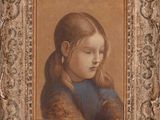 portrait of a young girl in a blue dress by a gold frame