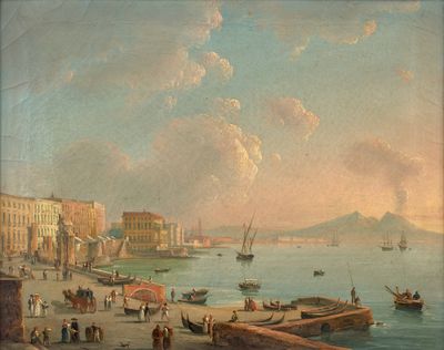 tableau représentant une vue d'un port avec des bateaux et des personnes sur le rivage