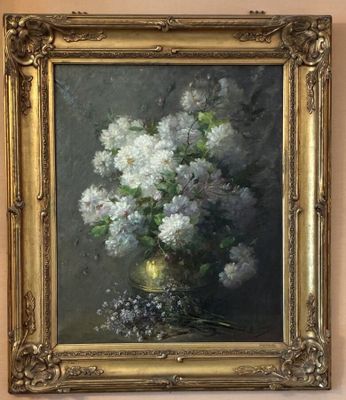 an oil painting of a vase of white flowers on a table