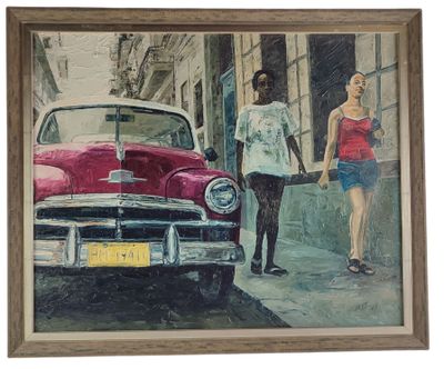 painting of a woman walking past a red car on a city street