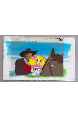 une photo d'un tableau représentant un cow-boy et une jeune fille à cheval