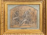 un dessin représentant un homme assis à une table en face d'une femme